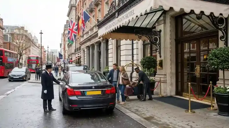 Driver opening the rear door of a black saloon outside a hotel entrance