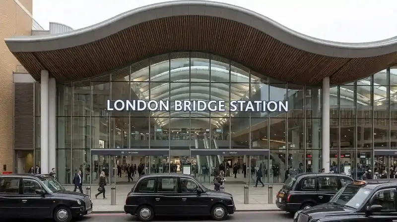 The modern curved entrance of London Bridge station with traffic outside