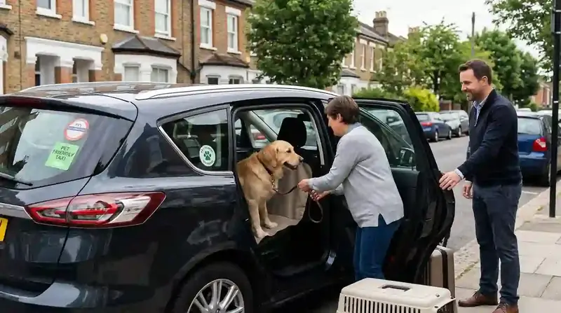 Owner and driver helping a golden retriever into the back of a black people carrier