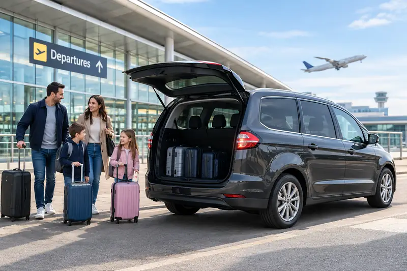 Family loading suitcases into a people carrier at an airport